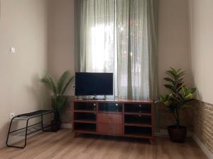 ak apartments في أثينا: غرفة معيشة مع تلفزيون بشاشة مسطحة على خزانة خشبية