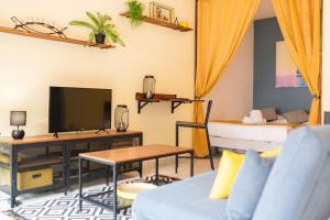 un salon avec une télévision et un canapé dans l'établissement Cosy Studio près des Palaces Mentonnais, à Menton