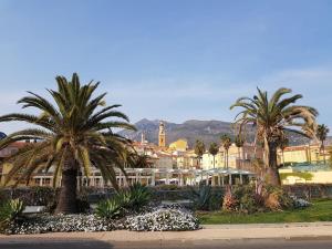 un groupe de palmiers dans une ville avec des bâtiments dans l'établissement Cosy Studio près des Palaces Mentonnais, à Menton
