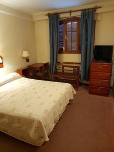a bedroom with a bed and a desk and a television at HOTEL PORTAL DE SALTA in Salta