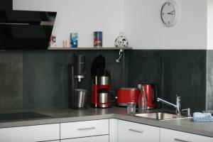 a kitchen with a counter top with a sink at Die Idyllische - Ferienwohnung mit Garten und Sauna in Kleve +25 photos