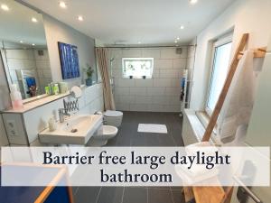 a bathroom with a white toilet and a sink at Parterre Lounge mit Terrasse -Nähe Karlsruhe & KIT - ohne Treppen -barrierefreie Dusche in Linkenheim-Hochstetten +22 photos