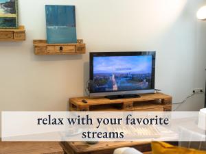 a tv sitting on a wooden stand in a living room at Parterre Lounge mit Terrasse -Nähe Karlsruhe & KIT - ohne Treppen -barrierefreie Dusche in Linkenheim-Hochstetten