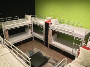 Três beliches num quarto com uma parede verde em Bandung Hostel em Bandung