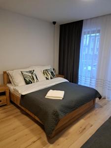 sypialnia z dużym łóżkiem i oknem w obiekcie Apartamenty Zielony Liść w Ciechocinku
