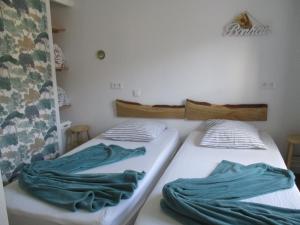 two beds in a room with green sheets at Gîte les Bois - 45 m2 in Orcival