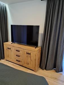 telewizor z płaskim ekranem siedzący na szczycie drewnianego centrum rozrywki w obiekcie Apartamenty Zielony Liść w Ciechocinku