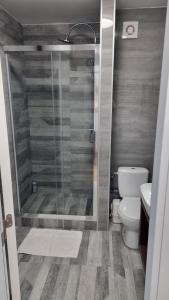 een badkamer met een douche, een toilet en een wastafel bij Ancora apartment 5 in Novi Sad
