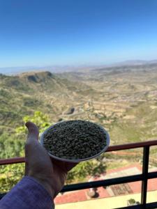 een persoon met een bord voedsel in zijn hand bij Panoramic View Hotel in Lalībela