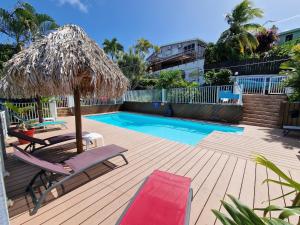 a deck with chairs and a umbrella and a pool at Hotel Le Manguier in Quartier Morne Pavillon