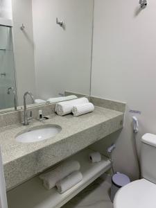 uma casa de banho com um lavatório, um espelho e um WC. em Açu Hotel em São João da Barra