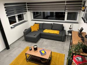 a living room with a couch and a table at le Grand Vivier- 68 M2 in Héron