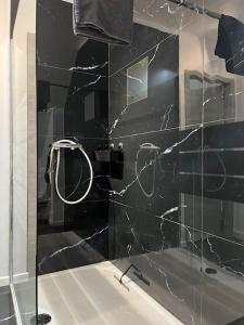 a bathroom with a shower with a black tile wall at le Grand Vivier- 68 M2 in Héron
