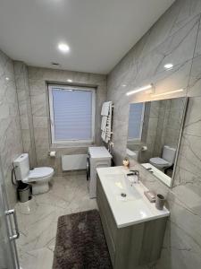 a bathroom with a sink and a toilet and a mirror at 11B Svečių namai Palanga in Palanga