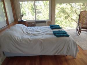 1 dormitorio con 2 almohadas azules en Loft on Los Reartes River, Intiyaco en Villa Berna