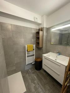 ein Bad mit einem Waschbecken und einem Spiegel in der Unterkunft Appartement calme proche Bastia in Cardo