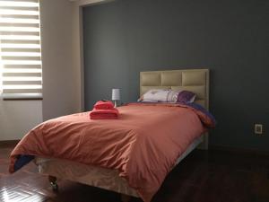 a bedroom with a bed with a red blanket at Tu experiencia comienza aquí Departamento 3D 3C Achumani a pasos de la calle 29 in La Paz