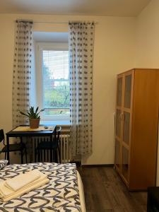 um quarto com uma cama, uma mesa e uma janela em Studio apartment in center Brno em Brno