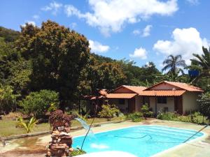 a pool in front of a house with a water fountain at Recanto São Francisco de Assis in Pirenópolis