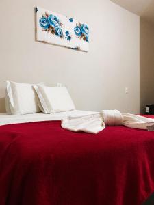 a bed with a red blanket on top of it at Hotel Solar Dos Viajantes in Águas Formosas