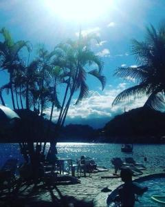 a beach with palm trees and people on the water at Maravilha de Angra in Angra dos Reis