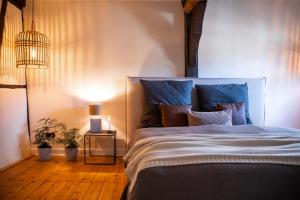 um quarto com uma cama, um candeeiro e uma planta em N5Quartier em Bad Münstereifel