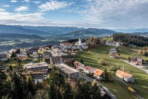an aerial view of a small town in the mountains at Pension Hilde Ferienwohnung in Sulzberg