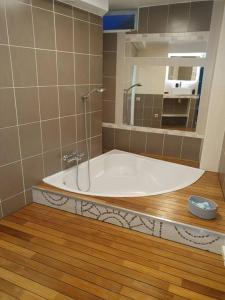 een badkamer met een bad en een spiegel bij La maison des galeries classé 4 étoiles in Fécamp