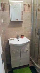 ein Badezimmer mit Waschbecken und Dusche in der Unterkunft Zselic Szíve Parasztház in Simonfa + 32 Fotos