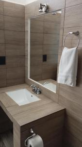 a bathroom with a sink and a mirror at Calli Sofi Posada in Tepoztlán