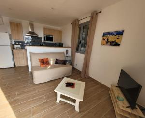 a living room with a bed and a tv and a table at Charmant petit logement à 2 km (2 min) de la plage in Belgodère