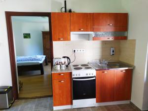 eine kleine Küche mit Herd und Spüle in der Unterkunft Zselic Szíve Parasztház in Simonfa