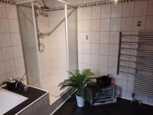 La salle de bains est pourvue d'une douche et d'une plante. dans l'établissement Urlaubsdomizil Norden/Norddeich, mit Garten, à Norden