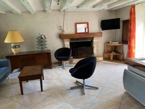 ein Wohnzimmer mit 2 Stühlen und einem Kamin in der Unterkunft Au Coeur des Châteaux in Chambon-sur-Cisse