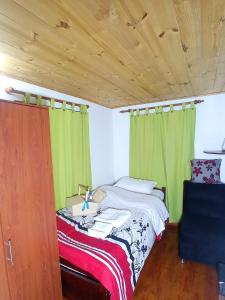 チアにあるHABITACION CON BAÑO PRIVADOのベッドルーム(ベッド1台、緑のカーテン付)