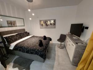 un dormitorio con una cama con dos gatos sentados en ella en Stefan 1, en Umag