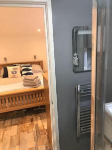 ein Schlafzimmer mit einem Bett und einem Spiegel in einem Zimmer in der Unterkunft Hideaway Cabin for two on edge of New Forest in Hinton