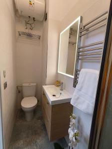 een badkamer met een toilet, een wastafel en een spiegel bij Cruz Verde - Centro Histórico - Vivienda Vacacional in Santa Cruz de Tenerife