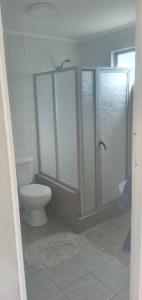 Un baño con inodoro y ducha de cristal. en Casa Ruka-Yáquil de Nancagua, completamente amoblada., en Nancagua