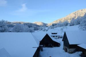 um telhado coberto de neve de um edifício com uma casa em Lovingly furnished holiday apartment in our Black Forest house em Gutach