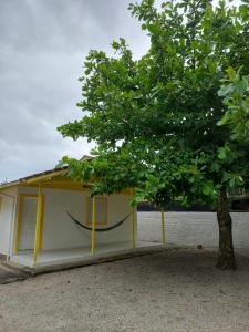 mały domek z drzewem przed nim w obiekcie Casa Praia em Ingleses- Florianópolis w mieście Florianópolis