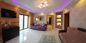 salon z fioletową kanapą i telewizorem w obiekcie Apartament Asenata Ustroń Centrum dwupokojowy parter w Ustroniu