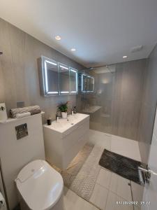 a bathroom with a toilet and a sink and a shower at Luxury Apartment South Kensington in London