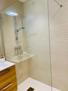 La salle de bains est pourvue d'une douche avec une porte en verre. dans l'établissement Studio Confort 35m2 Rénové, Equipé et Climatisé, tout se fait à pied!, à Antibes