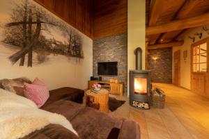 a living room with a couch and a fireplace at Chalet zum Salamander in Ilsenburg