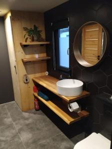 uma casa de banho com um lavatório e um espelho em Wooden cave em Diessen