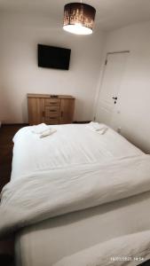 a white bed in a room with a tv at Cavnic Hills Apartments in Cavnic +26 photos