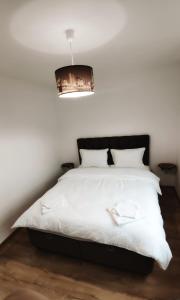 a bedroom with a white bed with a black headboard at Cavnic Hills Apartments in Cavnic