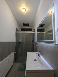 een badkamer met een wastafel en een douche bij Gemütliche Zimmer im Herzen der Stadt EM-APARTMENTS DEUTSCHLAND in Bielefeld