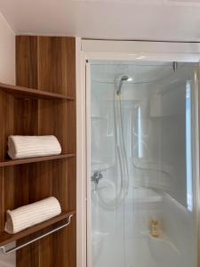 a bathroom with a shower and a glass shower stall at Casinhas dos Valados in Atouguia da Baleia +124 photos